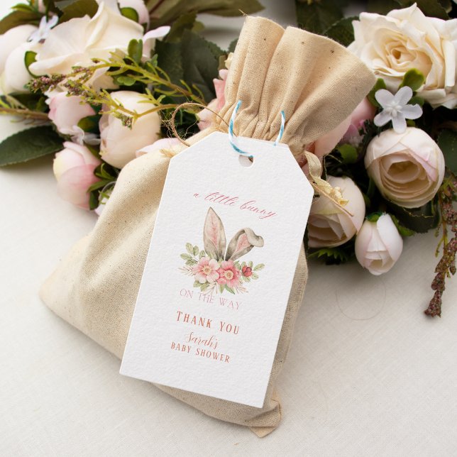 Étiquettes-cadeau Joli Baby shower de lapin à fleurs rose (Créateur téléchargé)