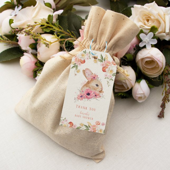 Étiquettes-cadeau Joli Baby shower de lapin à fleurs rose (Créateur téléchargé)