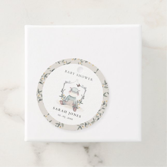 Étiquettes Cadeau Joli Baby shower Jaune bébé Hippo Foliage (En situation)