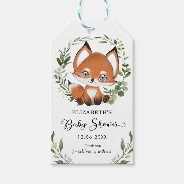 Étiquettes-cadeau Joli Baby shower Neutre Fox verdoyant Favoriser (Devant)