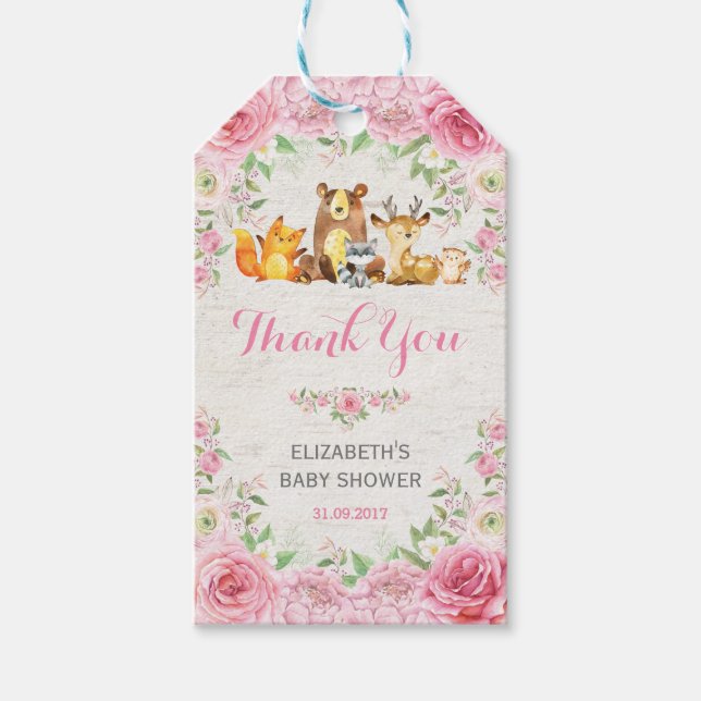 Étiquettes-cadeau Joli Baby shower Rose Woodland Forest Girl Favoris (Devant)