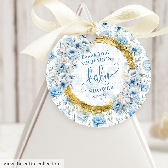 Étiquettes Cadeau Joli bleu poussiéreux fleurs or garçon baby shower (Cute dusty blue flowers gold boy baby shower thank Favor Tags)