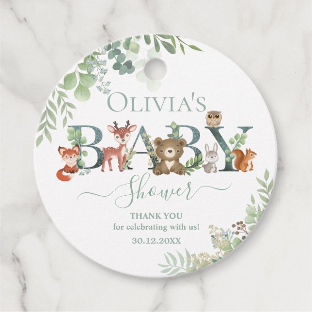 Étiquettes Cadeau Joli Bois Animaux Baby shower Verdure Favoriser T (Devant)