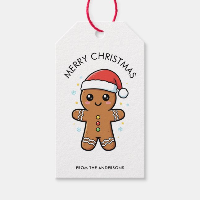 Étiquettes-cadeau Joli bonhomme en pain d'épices avec un chapeau de  (Devant)