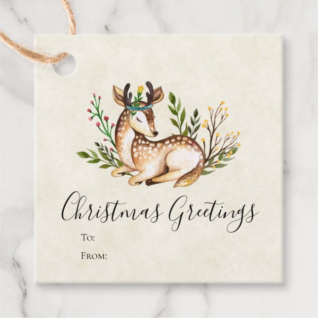 Étiquettes Cadeau Joli Cerf Aquarellé Posé En Bas Boho (Devant)