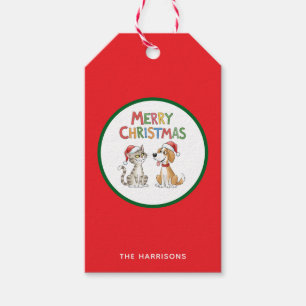 Étiquettes-cadeau Joli chat de Noël et chien avec chapeau de Père No