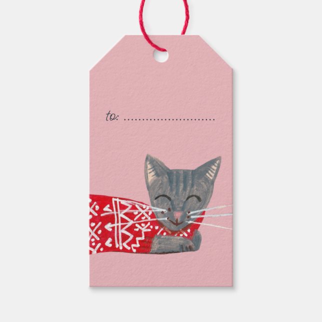 Étiquettes-cadeau Joli Chat gris de Noël rose Vacances (Devant)
