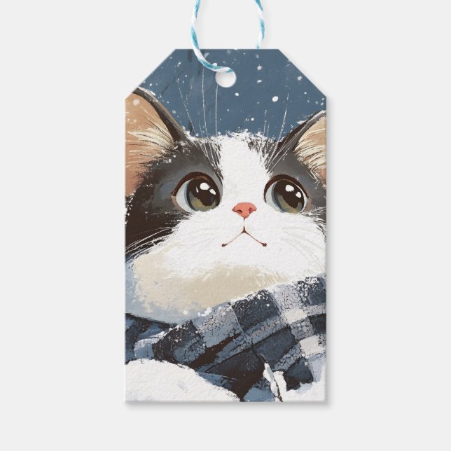 Étiquettes-cadeau Joli chat hiver enneigé confortable (Devant)