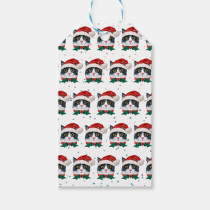 Étiquettes-cadeau Joli Chat Noir et Blanc Avec Chapeau de Père Noël