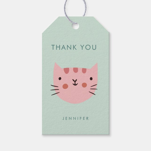 Étiquettes-cadeau Joli chat rose anniversaire merci (Devant)