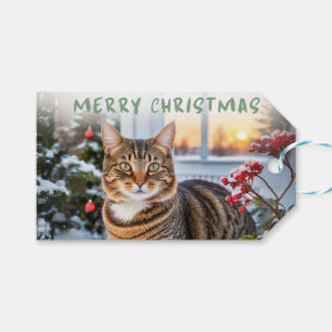 Étiquettes-cadeau Joli chat tigré dans la neige thème animal de Noël