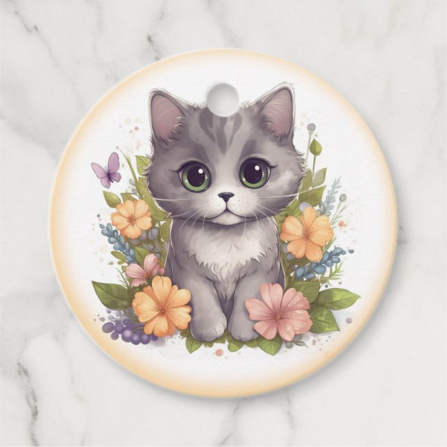 Étiquettes Cadeau Joli chaton gris Merci  (Devant)