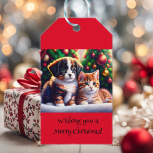 Étiquettes-cadeau Joli chiot et chat sous arbre de Noël coutume