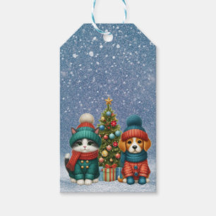 Étiquettes-cadeau Joli chiot et petit chat de Noël