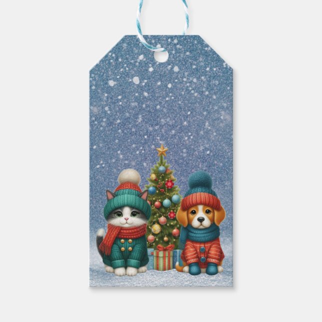 Étiquettes-cadeau Joli chiot et petit chat de Noël (Devant)