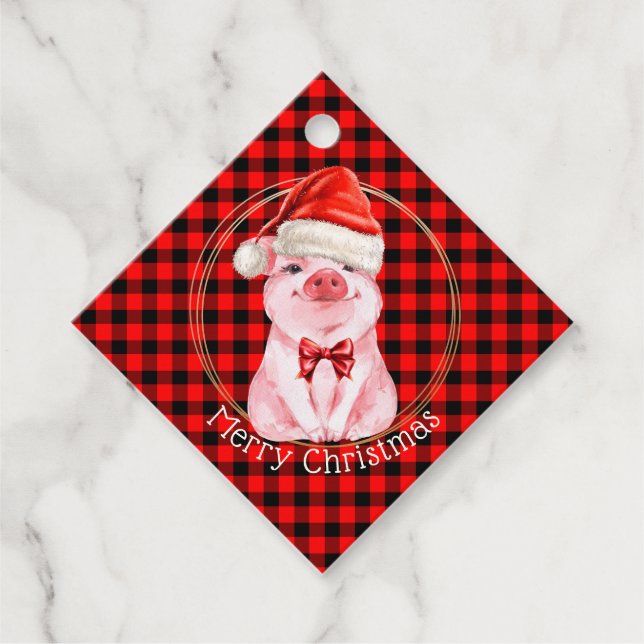 Étiquettes Cadeau Joli Cochon De Noël Avec Buffalo Plaid Rouge Drôle (Devant)