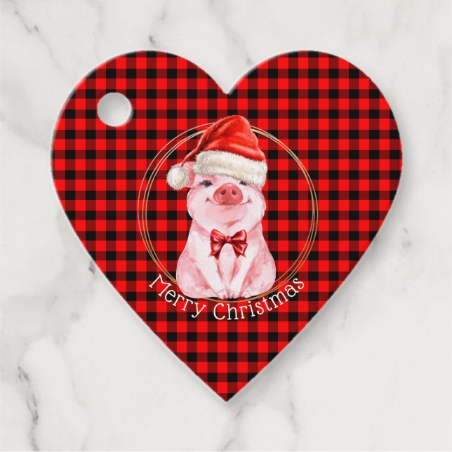 Étiquettes Cadeau Joli Cochon De Noël Avec Buffalo Plaid Rouge Drôle (Devant)