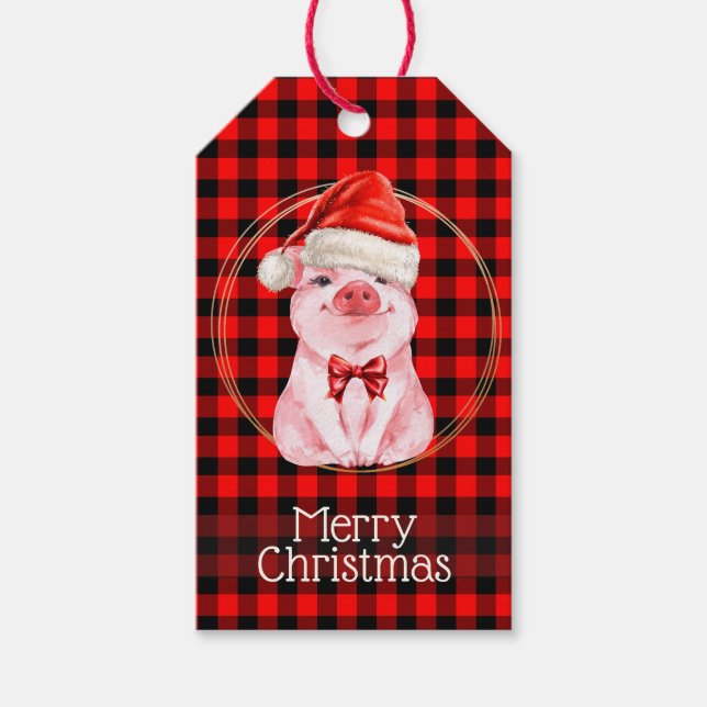 Étiquettes-cadeau Joli Cochon De Noël Avec Buffalo Plaid Rouge Drôle (Devant)