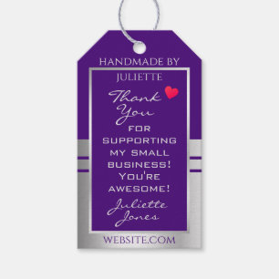 Étiquettes-cadeau Joli coeur violet et Merci d'emballage en argent