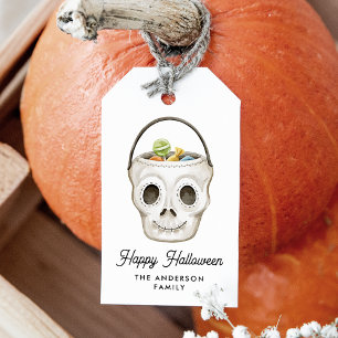Étiquettes-cadeau Joli Crâne Aquarelle Seau de Friandises Halloween
