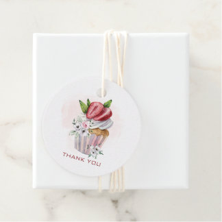 Étiquettes Cadeau Joli cupcake à l'aquarelle, fraise, merci floral