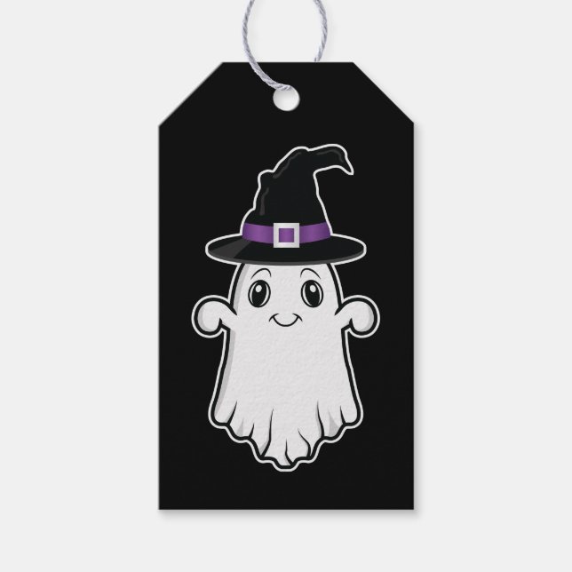 Étiquettes-cadeau Joli Fantôme Avec Casquette De Sorcière Halloween  (Devant)