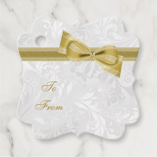 Étiquettes Cadeau Joli faux nœud papillon et ruban et damas doré
