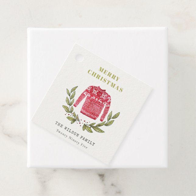 Étiquettes Cadeau Joli feuillage rouge vert moche doux Noël hiver (En situation)