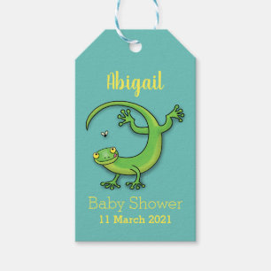 Étiquettes-cadeau Joli gecko vert salutations avec dessin animé