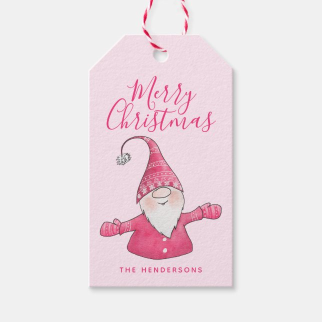 Étiquettes-cadeau Joli Gnome Monogramme rose Joyeux Noël (Devant)