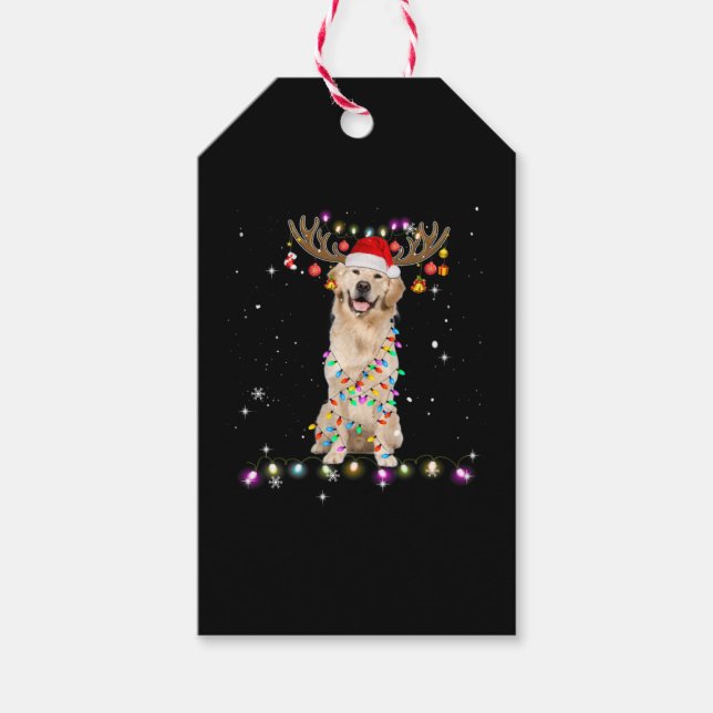Étiquettes-cadeau Joli Golden Retriever lumières de Noël Reindeer (Devant)