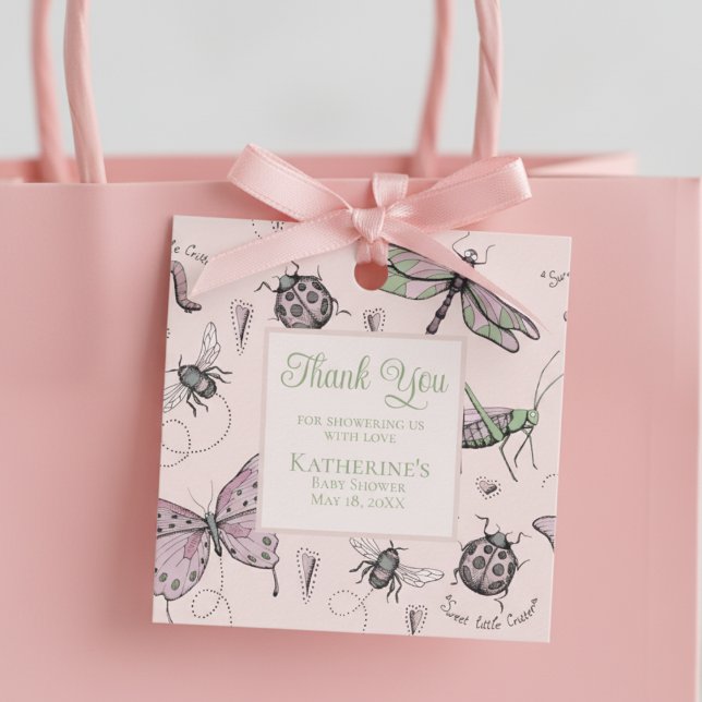 Étiquettes Cadeau Joli insecte rose de jardin Merci (Cute Thank You Insect Pattern Girl Baby Shower Favor Tag for Mother to Be. Elegant Pink & Green Bugs)