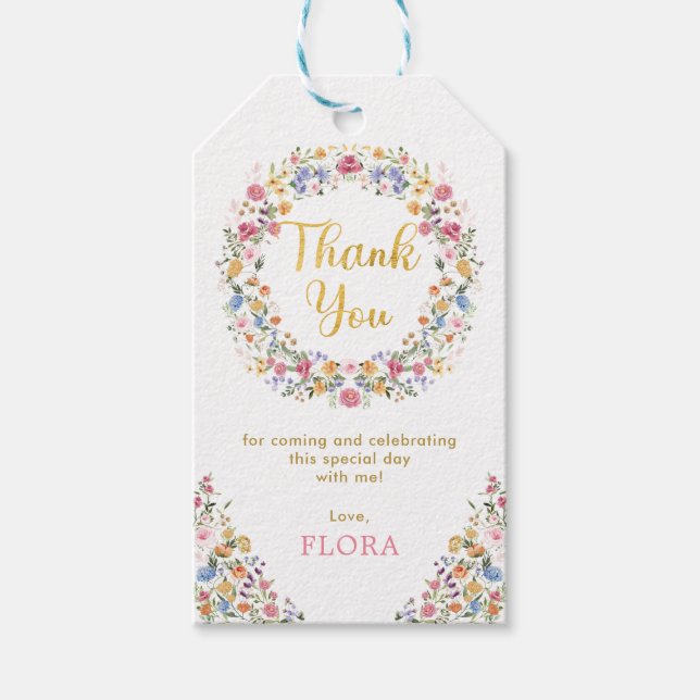 Étiquettes-cadeau Joli Jardin Fleur sauvage Wreath Girls 1er anniver (Devant)