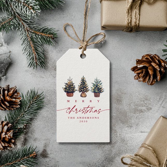 Étiquettes-cadeau Joli Joyeux Noël Aquarelle Arbre rouge Script (Créateur téléchargé)