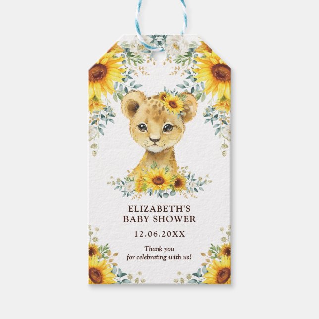 Étiquettes-cadeau Joli Jungle Lion Baby shower Fleurs de soleil Favo (Devant)