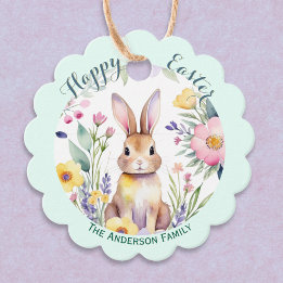 Étiquettes Cadeau Joli lapin de Pâques et fleurs personnalisé