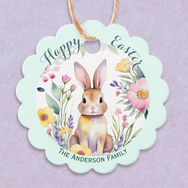 Étiquettes Cadeau Joli lapin de Pâques et fleurs personnalisé (A personalized gift tag, with illustration of the Easter bunny among flowers in a watercolor style)
