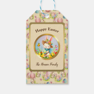 Étiquettes-cadeau Joli lapin de Pâques et joyeuses fleurs de printem