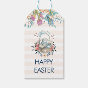 Étiquettes-cadeau Joli lapin en Panier & Tulip Florals Bonne Pâques