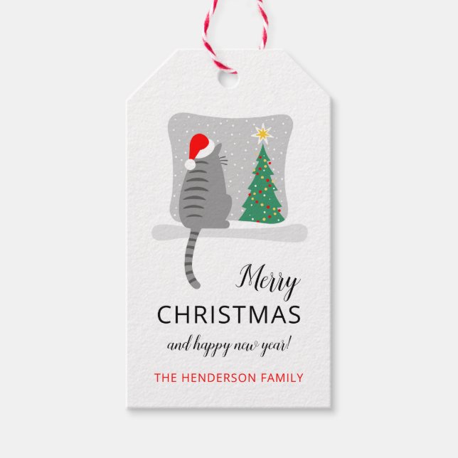 Étiquettes-cadeau Joli Meowy Noël Arbre Chat Neige (Devant)