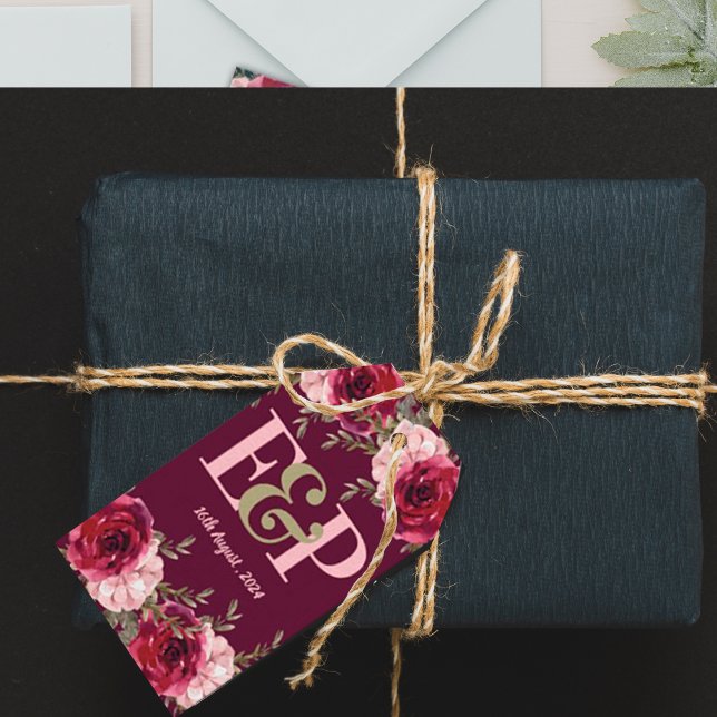 Étiquettes-cadeau Joli Monogramme Bourgogne Blush rose Mariage Flora (Créateur téléchargé)