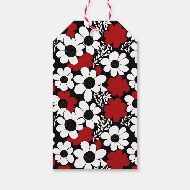 Étiquettes-cadeau Joli motif floral en rouge, noir et blanc (Devant)