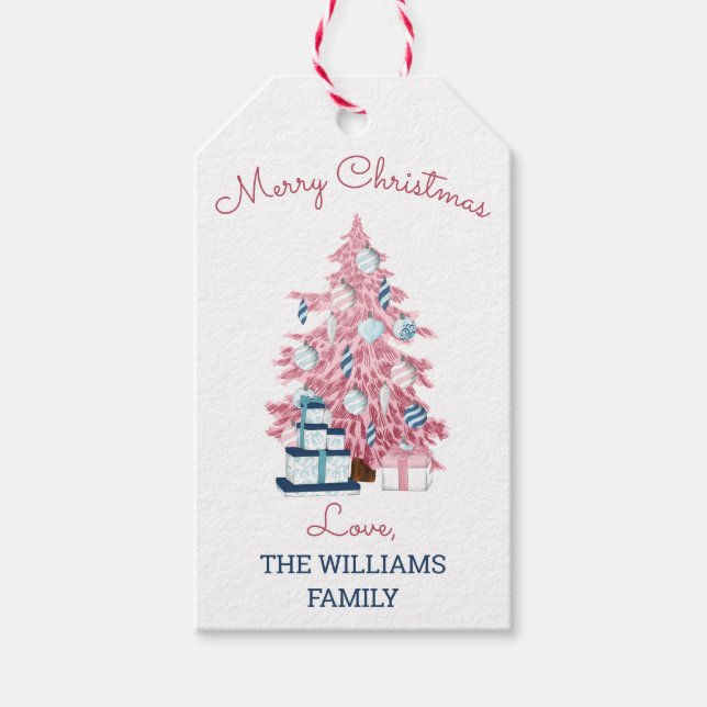 Étiquettes-cadeau Joli Noël Rose Arbre Retro Vacances (Devant)