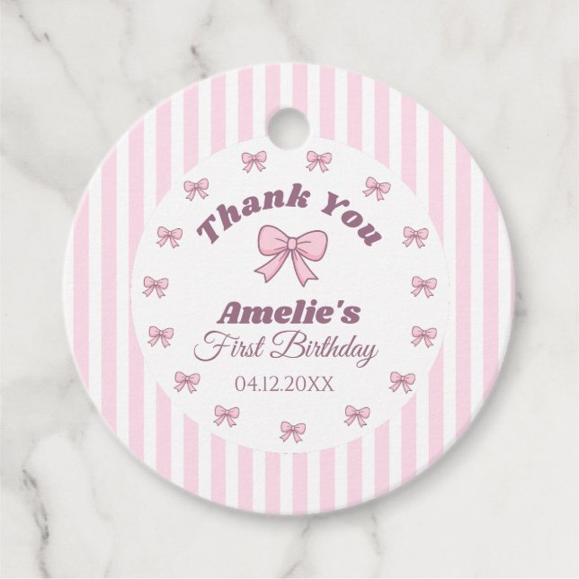 Étiquettes Cadeau Joli Nœud Rose Premier Anniversaire  (Devant)
