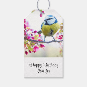Étiquettes-cadeau Joli oiseau bleu et jaune sur une branche d'annive