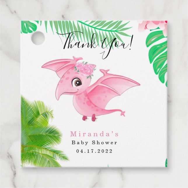 Étiquettes Cadeau Joli Oiseau Tropical Dinosaure Rose Bébé Fille Dou (Devant)