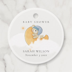 Étiquettes Cadeau Joli Ours Bleu Sommeil Sur Lune Baby shower Garçon