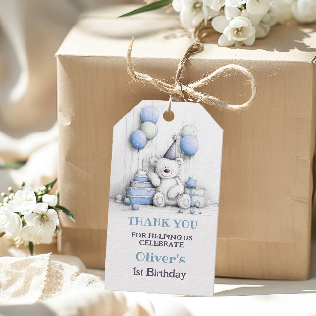 Étiquettes-cadeau Joli Ours en Peluche Bleu 1er Anniversaire Merci (Créateur téléchargé)
