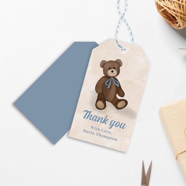Étiquettes-cadeau Joli Ours en Peluche pour Remercier de la Baby Sho (Cute baby shower custom gift tag. With "thank you" message.)