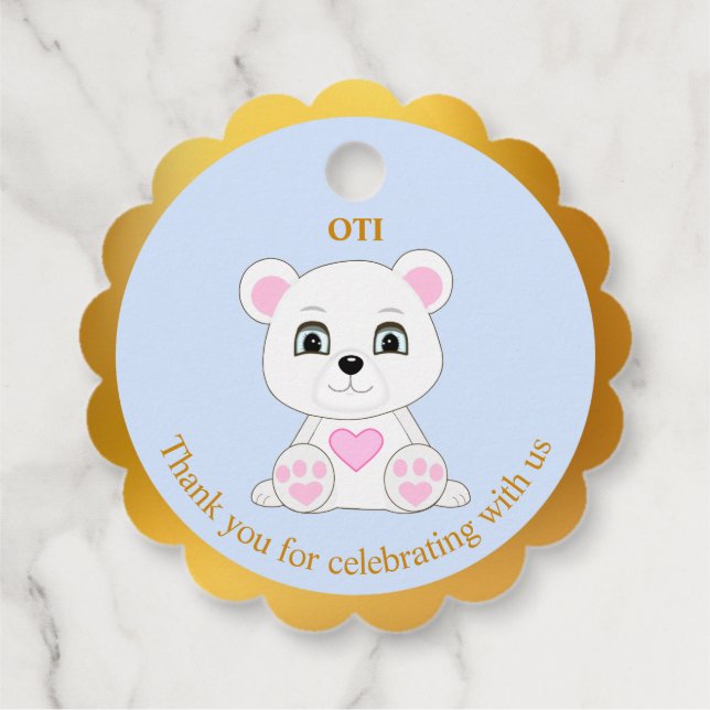 Étiquettes Cadeau Joli ours polaire merci pour l'or et bleu clair (Dos)